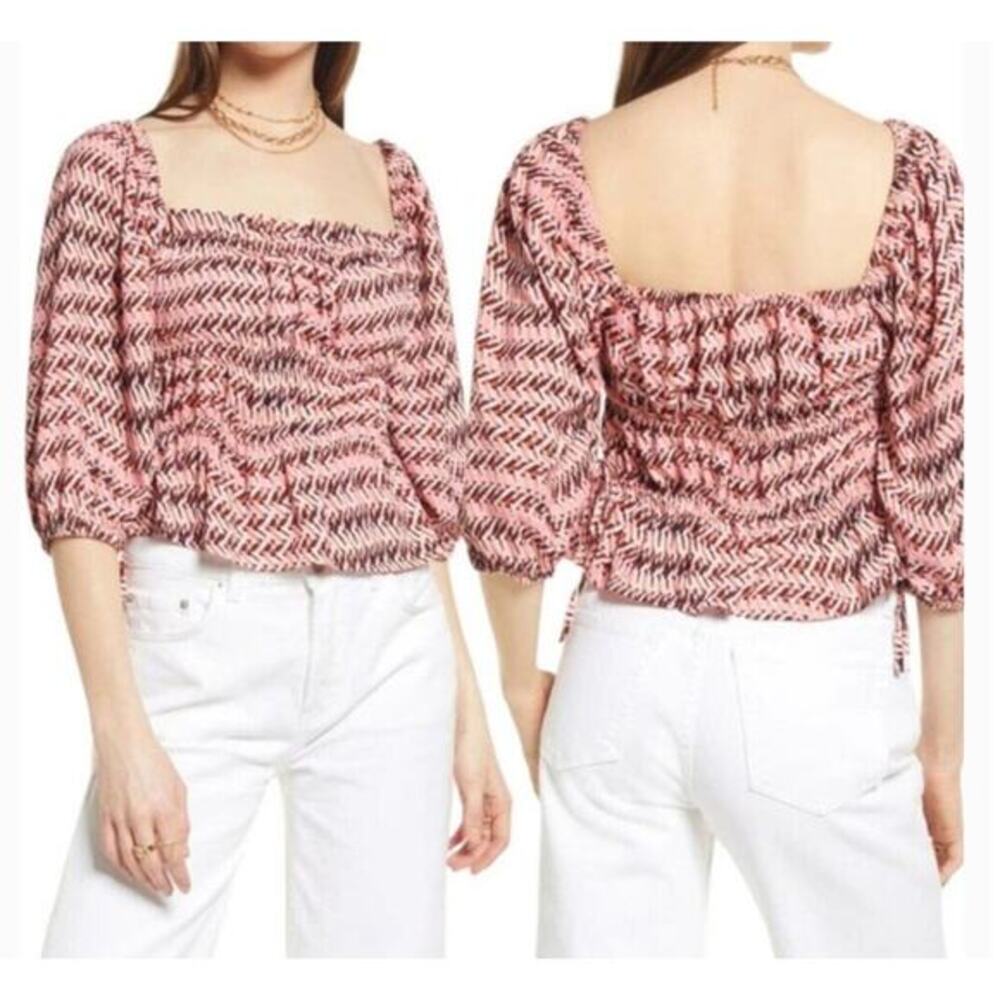 Open Edit Geo Print Shirring Detail Square Neck Top Pink Peony Wave plus size 2X
